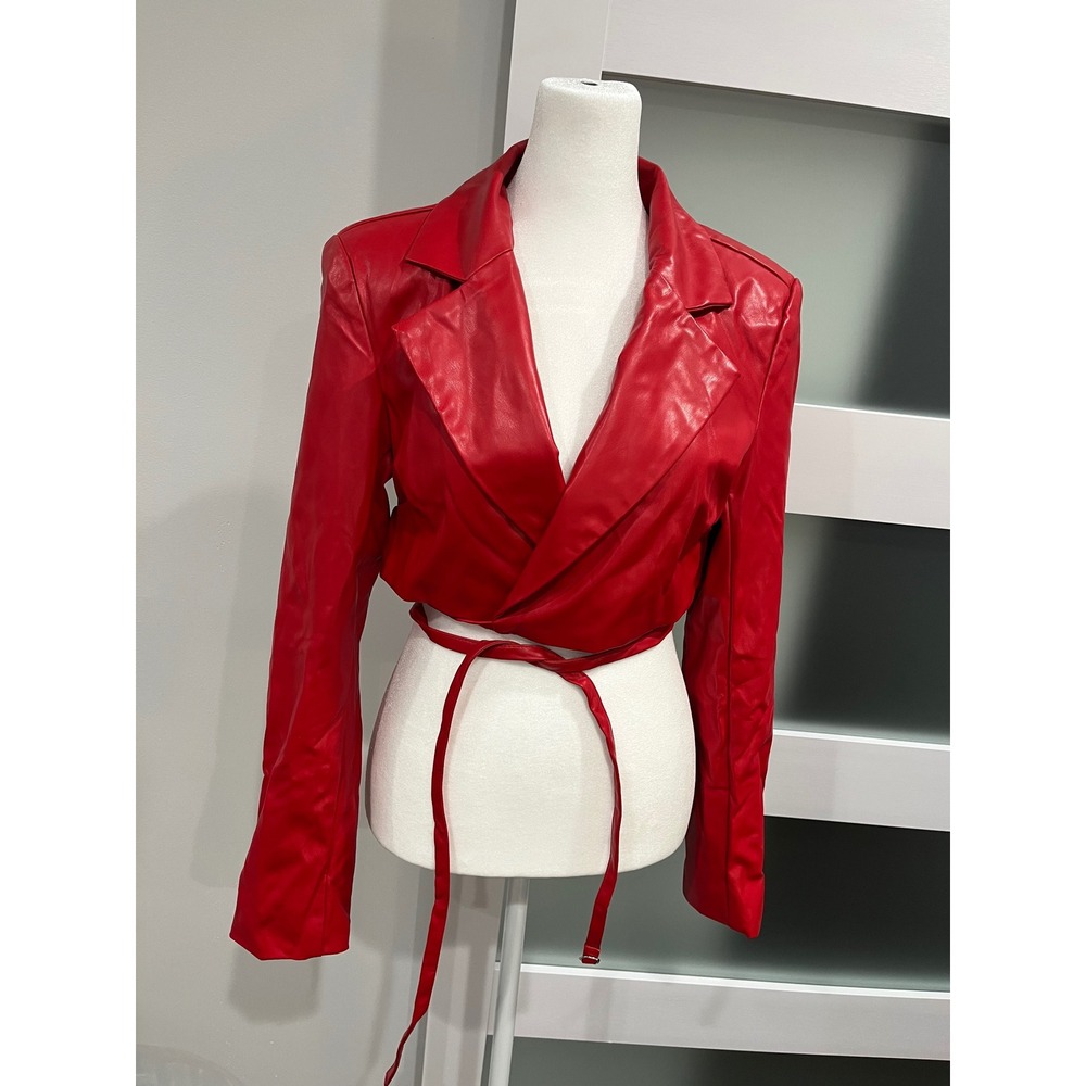 Moto Y2K Signature Eight Red Faux Leather Cropped Wrap Blazer Jacket‎ Small S